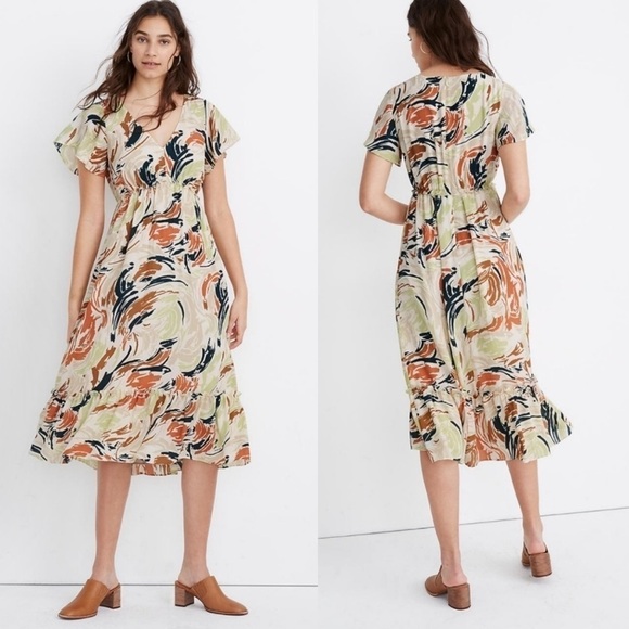Madewell Flutter-Sleeve Ruffle-Waist Midi Dress in Brushing Up Sz 2 - Picture 2 of 10